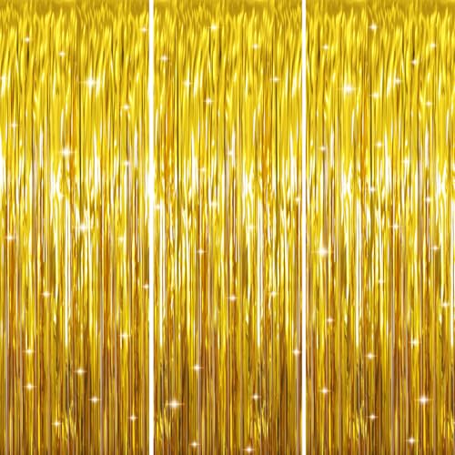 Image of GOER 3.2 ft x 9.8 ft Metallic Tinsel Foil Fringe Curtains for Party Photo Backdrop Decor (Gold,3 Packs)