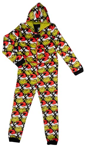 MJC The Grinch with Santa Hat All Over Print Chirtsmas Kids Pajamas Jumpsuit Christmas Costume Fleece Officially Licensed (7/8) Red