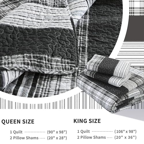 Image of Homzard Quilts Queen Size - Black and White Queen Comforter Set, 100% Cotton Black Grey Striped Bedding Set, Lightweight Reversible Bedspread Set, 3 Piece All Season