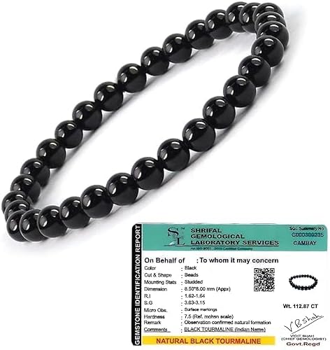 BKJ Reiki Healing Product Lab Certified Natural Black Tourmaline Bracelet for Men & Women - Protects from Evil Eye & Negativity - Promotes Health & Positivity - Certified 8mm Beads