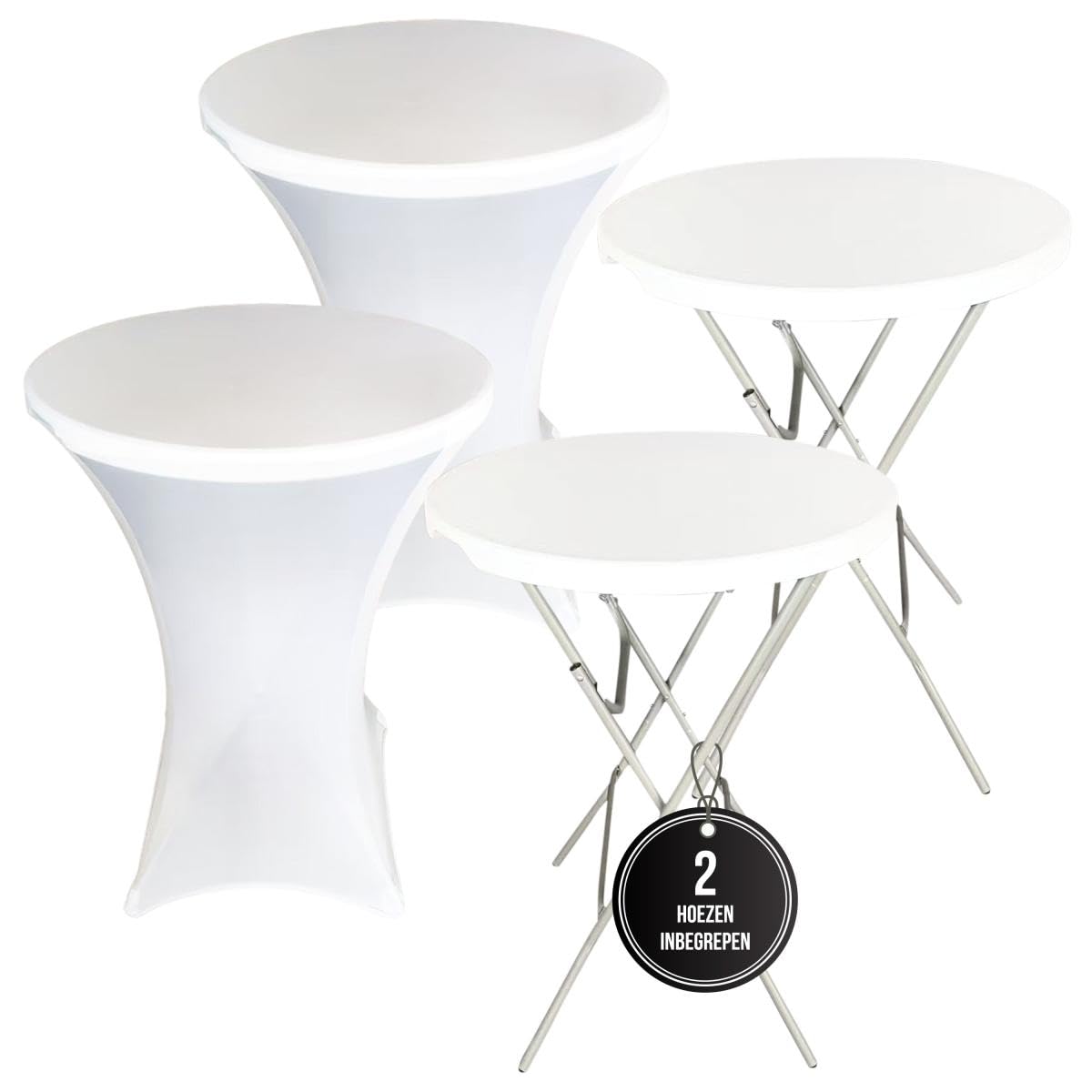 Tables Debout Lot de 2 avec Housses Blanches Ø80x110 cm - Tables de Fête Pliantes avec Plateau HDPE Résistant à l'eau et Cadre en Acier - Idéal pour Fêtes, Mariages & Evénements
