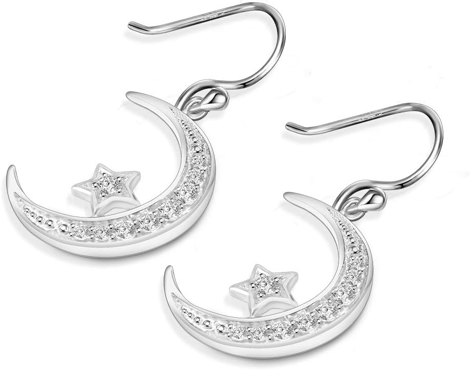 Sterling Silver Round Cubic Zirconia Crescent Moon & Star Dangle Earrings Star Jewelry for Women Mom - Image 8