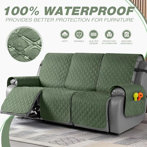 Image of TAOCOCO 100% Waterproof Recliner Covers, Recliner Sofa Covers with Leg Straps, Reversible Recliner Couch Cover for Reclining Chair, Washable Couch Protector for Pets Kids(3 Seater, Moss Green)