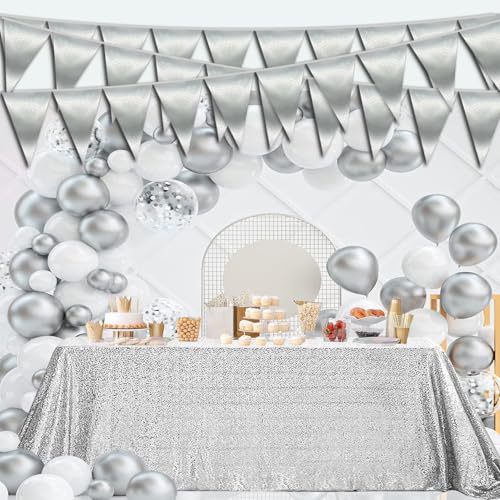 Image of 40M /130FT Silver Triangle Pennant Banner Flag Metallic Bunting Garland for Christmas Graduation Wedding Engagement Anniversary Bachelorette Birthday Bridal Shower Valentines Hen Party Supplies