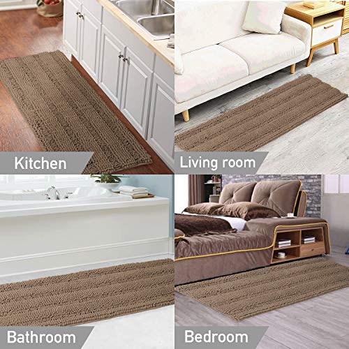 Image of Turquoize Shaggy Chenille Kitchen /Bath Mat Non-Slip Kitchen Rug Taupe Brown Chenille Rug Striped Mat Water Absorbent Bath Rug Runner for Kitchen Floor, Taupe Brown, Size 59 x 20 Inches