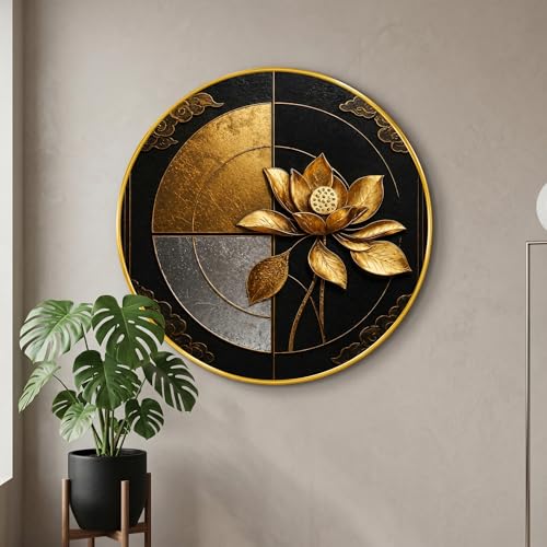 Image of SAF Golden Lotus Wall Painting Round PVC Frame Geometric Luxury Abstract Art Black Gold Modern Design for Living Room Bedroom Office Home Wall Decor (23 x 23 Inch) GR-401