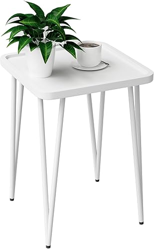 Palama Mesa auxiliar cuadrada, mesa auxiliar pequeña para espacios pequeños, mesa auxiliar de metal pequeña, mesa de noche blanca de fácil montaje,