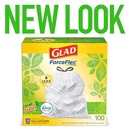 Glad ForceFlex Tall Kitchen Drawstring Trash Bags, 13 Gal, 100 Ct (Package May Vary)