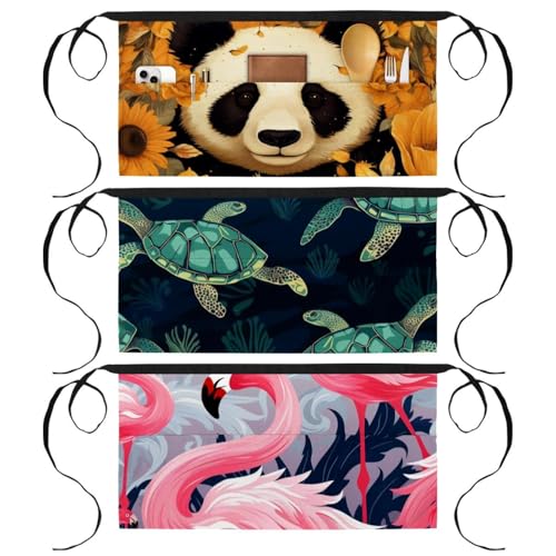 Tablier court pour serveuse motif tortue de mer avec triple poche ventrale