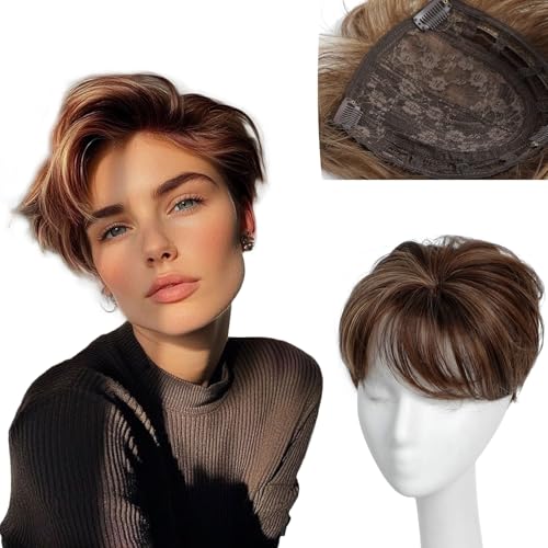 LMXMGRG Short Hair Toppers for Women with Thinning Hair Brown Highlight Hair Topper with Bangs Clip In Toppers Hair Pieces for Women Wiglets Hairpieces Coverage Top Crown
