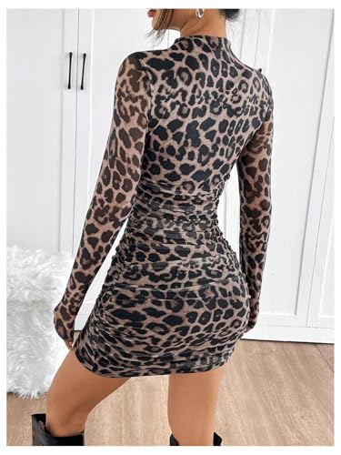 WDIRARA Women's Leopard Print Ruched Bodycon Mini Dress Mock Neck Long Sleeve Dresses3