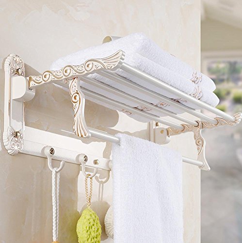 Toallero plegable de baño estilo retro con estantes y perchero ganchos 2