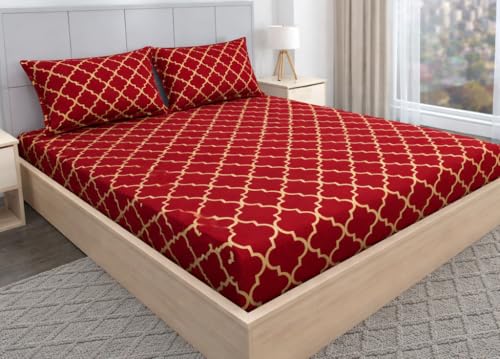 Image of BEVI Home Super Fabric 300 TC Microfiber Single Bedsheet Without Pillow Cover - Printed Bedsheet 60x90 Inches Maroon White Line