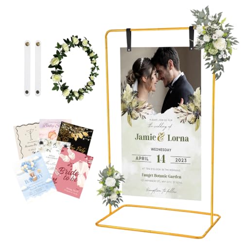 Hahugryn Wedding Welcome Sign Stand Adjustable Welcome to Our Wedding Fabric Banner Sign Holder Easel Stand for Sign Poster With Design Bundle & Rose Vine Linen Sign Stand for Wedding Gold