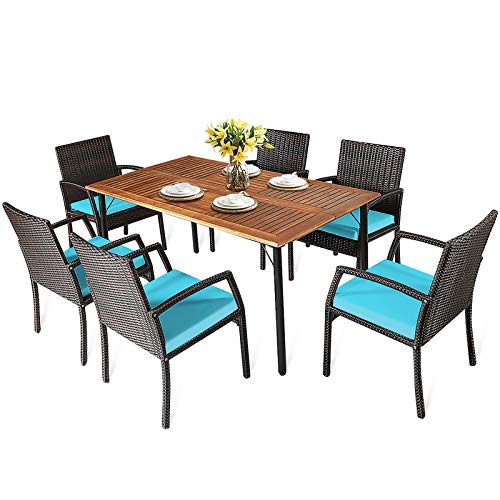 HAPPYGRILL 7 PCS Patio Dining Set Outdoor Furniture Rattan Wicker Dining Set with Umbrella Hole, Powder Coated Steel Frame, Acacia Wood Dining Table and Armchairs with Removable Cushions