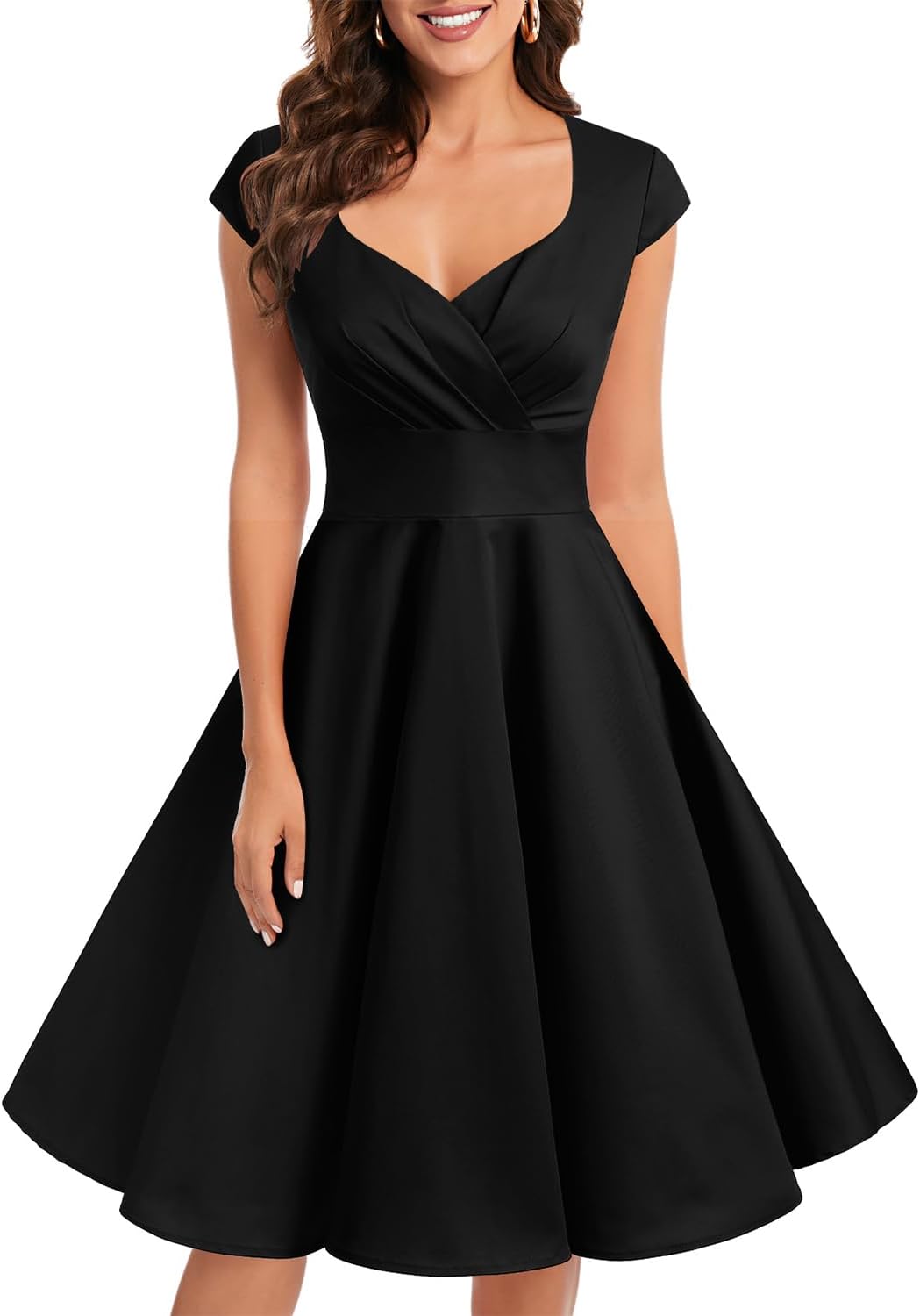 1950s Vintage Retro Cocktail Dress Rockabilly V-Neck Pleated Skirt
