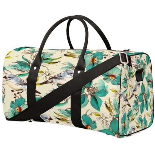 Bird Flower Travel Duffel Bag, Personality Green Flower Sports Tote Gym Bag, Foldable Weekender Overnight Bag, Luggage Handle Bag for Women Men