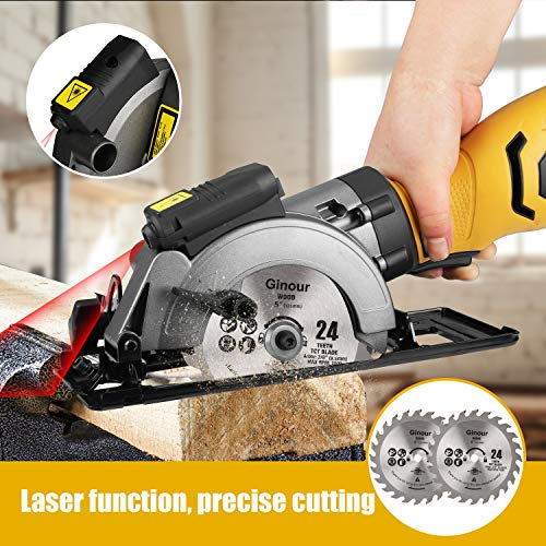 Circular Saw, Ginour 6.2A Mini Circular Saw with Laser Guide, 6 Blades(2 pcs 5\" & 4 pcs 4-1/2”), Max Cutting Depth 1-7/8\'\'(90°), 1-5/16\'\'(45°), Ideal for Wood, Tile, Backerboard, Cement, Drywall