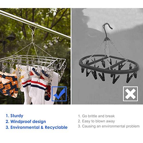 Homnoble 1 x roestvrijstalen sokken-droger, wasrek, draaihaak, winddicht, kleerhanger voor sokken, ondergoed, beha's, babykleding, handschoenen (met 8 reserveclips
