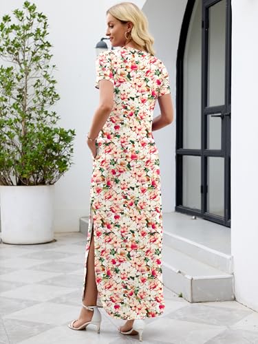 Image of Heymoments Womens Summer Maxi Dress Short Sleeve Casual Loose Long T Shirt Split Vacation Beach Sundress with Pockets