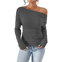 VKEGNIO Womens Off Shoulder Tops Fashion Long Sleeve Shirts Boat Neck Casual Pullover Tunic Tops Blouses