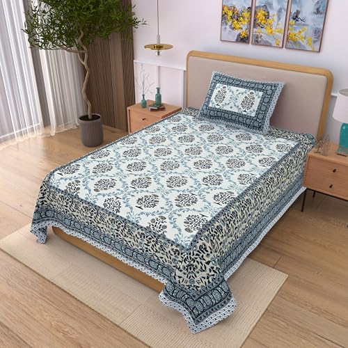 Image of 100% Cotton Single Bedsheet with 1 Pillow Cover | 240 TC Pure Cotton Flat Bed Sheet | Traditional Jaipuri Printed Bedding Set | Soft & Breathable | 60 x 90 Inch (Rangmahal Single 44)