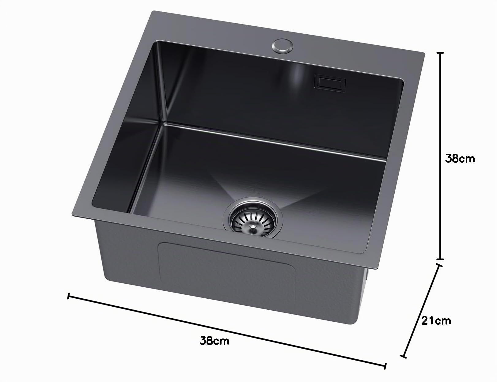 38 x 38 cm Melanstar Fregadero de acero inoxidable, Fregaderos de un seno 1 lavabo, incluye sifón y orificio para grifo, Negro Kitchen Sink