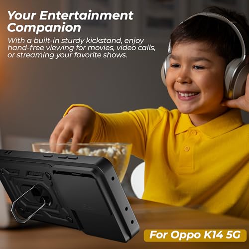 Image of A rtistque Armor Bumper Back Cover Case for Oppo K14 5G / Oppo A6 Pro 5G | Ring Holder Stand | Sliding Camera Protection | Shockproof Heavy Duty Design | Oppo K14 Back Cover - Black