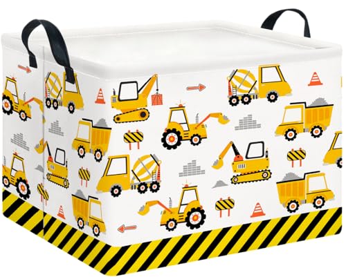 Image of CLOCOR Rectangular Storage Basket,Collapsible Cute Pattern Storage Bin,Waterproof Box with Handles,Gift Basket(Engineering Vehicle)
