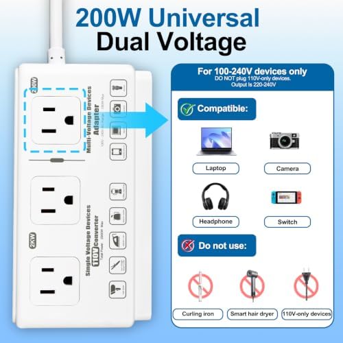 220v to 110v Travel Voltage Converter: International Universal Voltage Converter US to Europe Power Strip Plug Transformer - 2000W Electric Hair Dryer Step Down Outlet Converters for European UK EU — view 3