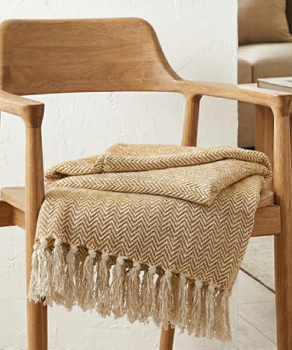 Image of Cotton Weave Boho Sofa Throw Blanket 50x60 Inches or 125x150 cms Lightweight, Soft & Breathable Couch, Bed or Chair Throw Blanket for Living or Bedroom, Zigzag Mustard Yellow