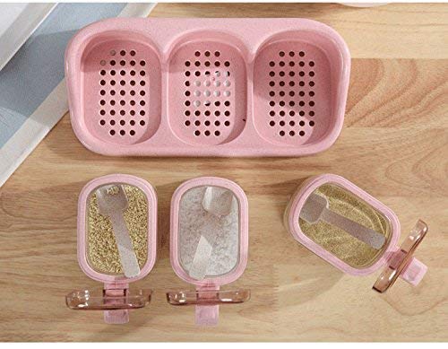 Outos Glass Transparent Spice Jar Seasoning Box Set Kitchen Container Tools Condiment Jars Cruet With Cover And Spoon Kitchen Utensils Supplies Salt Cellar With Lid (Pink, 3)(With Base) #TOP2