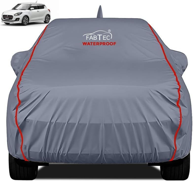 FABTEC Waterproof Premium Car Cover for Maruti Swift (2012-17) with Mirror and Antenna Pocket Super Waterproof Car Body Cover Heavy Duty Durable Peva Grey with Red Piping