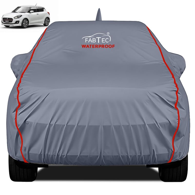 FABTEC Waterproof Premium Car Cover for Maruti Swift (2012-17) with Mirror and Antenna Pocket Super Waterproof Car Body Cover Heavy Duty Durable Peva Grey with Red Piping