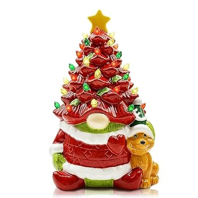 Hexagram Lighted Ceramic Christmas Tree, Christmas Decorations Indoor Red Gnome Mantle Table Decor Christmas Centerpiece, Christmas Decor for Bedroom Living Room Gnome Gifts for Kids Women