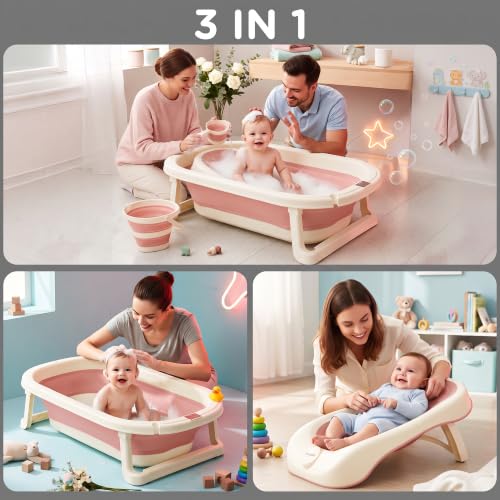 Image of Baybee Aquabee Baby Bath Tub Set for Kids | Portable Bathing Tub with Temperature Sensing | Foldable Bucket & Mug | Bath Seat Chair | Multi-Purpose Bathtub for Baby Bather for 0 to 5 Years (Pink)