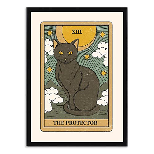 HNZKly Der BeschüTzer Tarot Karte Poster Lustige Schwarze Katze Wand Bilder Vintage Cartoon Leinwand GemäLde Retro Tiere Bild Nordic Prints Wohnzimmer Dekor /Schwarz A3 Mit Rahmen Cover