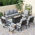 PHI VILLA 8 PCS Patio Furniture Set with Fire Pit Table,Metal Outdoor Furniture with 1 x 3-Seat Bench Sofa, 2 x Swivel Sofa Chairs, 2 x Leg Chair & 2 x Ottoman, Modern Patio Set, Grey