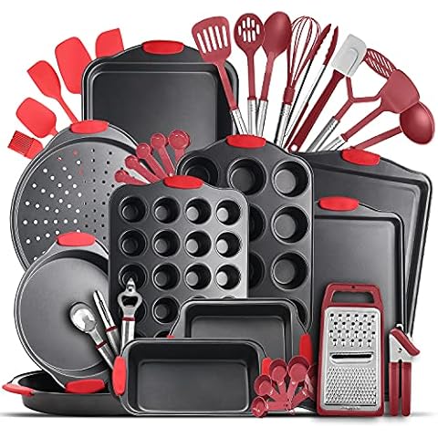 JOYTABLE Pans Set-39PC Silicone Handles, Durable Steel BPA Free Bakeware, Oven Safe Cookie Sheets for Baking Nonstick Set with Utensils-Brown, 39 Piece (JT-BS-BRN29PC-BLK) Cover