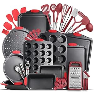 JOYTABLE Pans Set-39PC Silicone Handles, Durable Steel BPA Free Bakeware, Oven Safe Cookie Sheets for Baking Nonstick Set with Utensils-Brown, 39 Piece