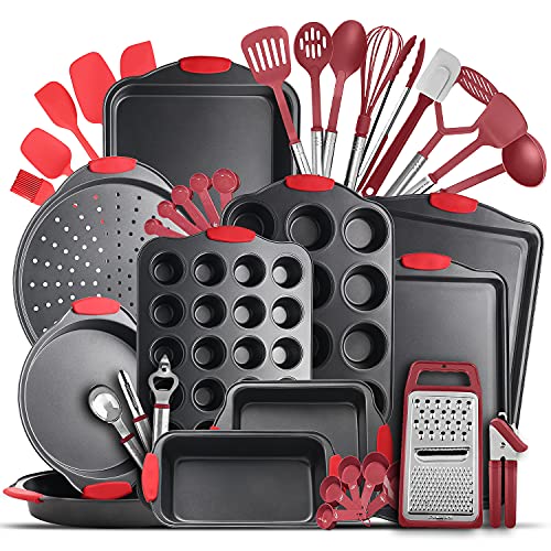 Eatex Nonstick Bakeware Sets with Baking Pans Set, 39 Piece Baking Set with Muffin Pan, Cake Pan & Cookie Sheets for Baking Nonstick Set, Steel Baking Sheets for Oven with Red Kitchen Utensils Set by EATEX - Used condition - US$56.42