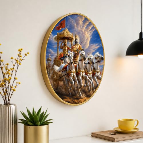 Image of PAINTINGMANTRA Krishna & Arjuna Mahabharata Chariot Framed Wall Art Painting For Living Room|Bhagavad Gita Religious Poster with Round frame for Wall, Decoration item for Home, 12 Inch