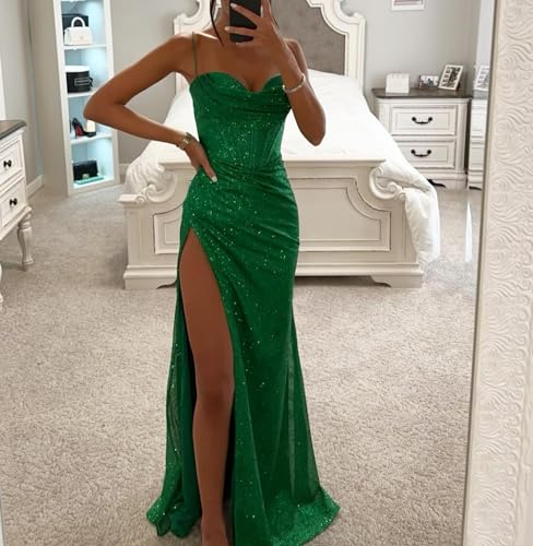 Vakkest Women\'s Sequin Formal Prom Dress Sparkly Corset Sleeveless Spaghetti Strap Slit Cocktail Gowns Wedding Maxi Dresses Green