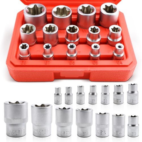 Außen Torx Nuss Set 14tlg Torx Steckschlüsselsatz 1/2 1/4 3/8 zoll Stecknüsse Außentorx E4-E24 Steckschlüsseleinsätze aus CR-V für KFZ-Werkzeug