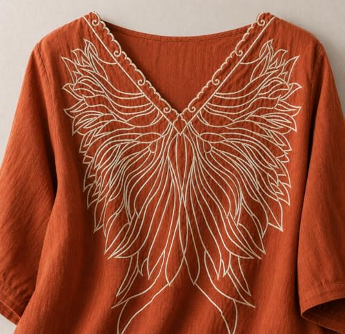 Image of RIEKA Women's Embroidered Top for Women, Maroon V Neck Rayon, 3 /4 Sleeve Casual Loose Fit Tunic, Boho Blouse for Women, Korean Style