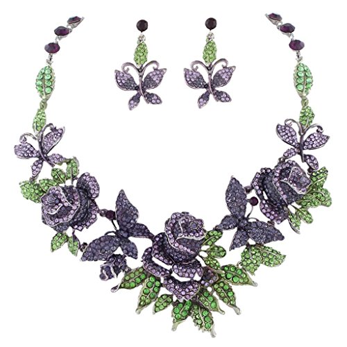 EVER FAITH Austrian Crystal Butterfly Rose Flower Leaf Necklace Earrings Set Purple w/Green Silver-Tone