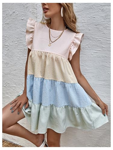 SHENHE Women's Summer Ruffle Cap Sleeve Color Block Tiered Flowy Babydoll Mini Dress Sundress2