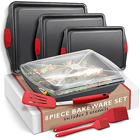 Eatex Baking Sheet, 8PC Cookie Sheet Set with Silicone Handles, Nonstick Steel Baking Pan, Durable Baking Sheets for Oven, BPA Free Baking Pans Set, Cookie Sheets for Baking Set - Black Bakeware Cover