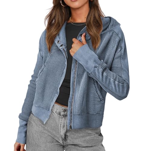 Veste à capuche zippée en tricot gaufré femme manteau coupe-vent poches