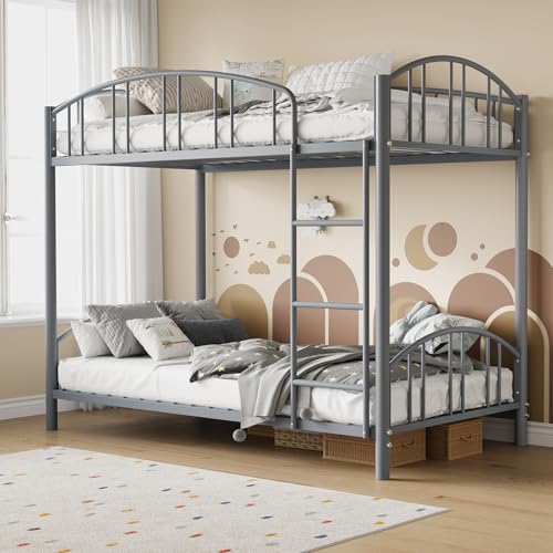 Garvee Bunk Bed Twin Over Twin with Ladder and Arched Guardrail, Heavy Duty Bunkbeds Frame with Sturdy Steel Slats Support for Kids Boys Girls, Space-